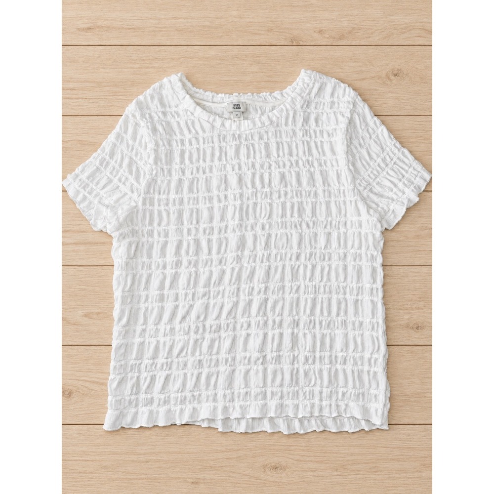 River Island Top Shirred Smocked Textured White Blouse Coquette Summer US 6